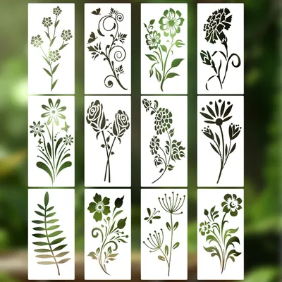 Productafbeelding van Planten sjablonen - Set van 12 herbruikbare sjablonen - Voor het knutselen en schilderen van bloemmotieven - 12 stuks