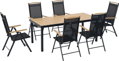 Image de Outsunny Salon de jardin extšŠrieur 6 personnes, table de jardin extšŠrieure avec 6 chaises, cadre en aluminium, table 190 CM, chaises pliables et inclinables, mobilier de terrasse, patio, bois naturel