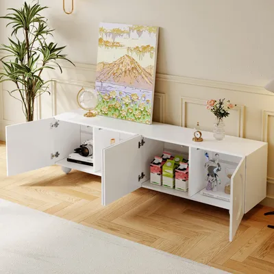 Produktbild von okwish TV-Schrank TV-Ständer mit 3D-Rundrelief-Türpaneele,Fernsehbank Fernsehschrank mit mehrere Türen mit separaten Fächern,Weiß