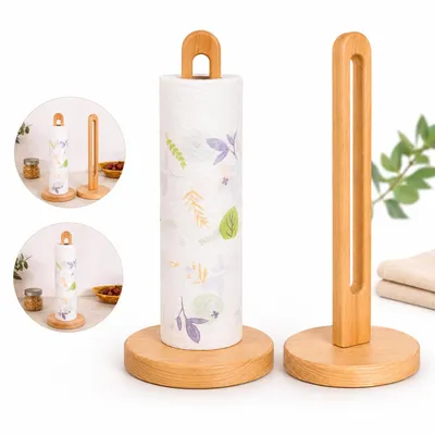 Produktbild von Küchenrollenhalter Holz 2er Set, freistehender Küchenpapierhalter aus Buchenholz, stabil & rutschfest für große Küchenrollen
