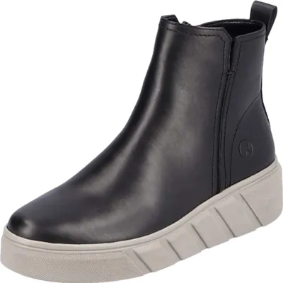 A black leather boot with a light gray sole is shown against a white background.