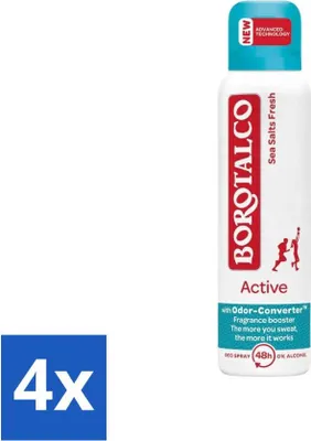 Immagine prodotto di Borotalco – Deodorante spray – Active – Sea Salts Fresh – 0% alcool – 150 ml – Confezione risparmio – 4 pezzi