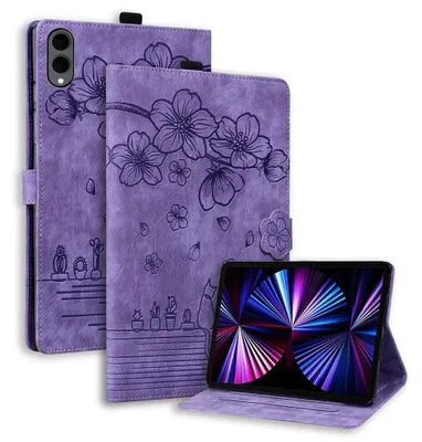 Produktbild von Samsung Galaxy Tab S12 Plus Hülle - Coverup Blumen & Katze Klapphülle - Violett