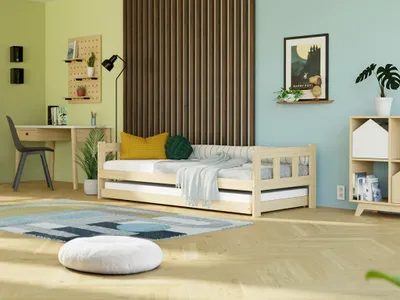 Produktbild von Einzelbett mit Kopfteilen FENCE 2-in-1 aus Holz mit Ausziehbett 90x200 cm Salbeigrün