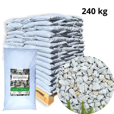 Obrázek produktu pro Žulová drť 16-22 mm - 240 kg (12×20 kg pytlů), dekorativní štěrk šedé barvy pro zahradu, cesty a dekorace, mrazuvzdorný a odolný Feniks