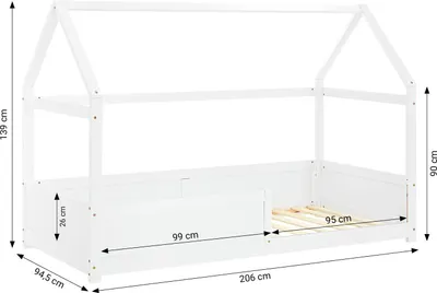 Obrázok produktu pre Detská posteľ Homestyle4u 90x200 s ochrannou bočnicou, biela, s matracom spĺňajúcim normu OEKO-TEX® Standard 100, posteľ v tvare domčeka, posteľ na podlahu