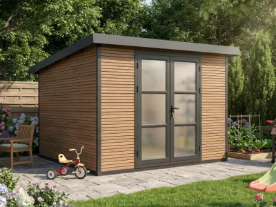 Produktbild von WPC Gartenhaus Modell FineLine 8,4 m² Teak