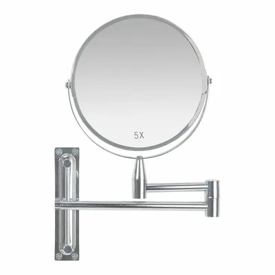 A wall-mounted magnifying mirror with an extendable arm.