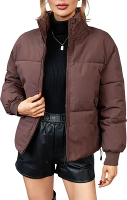 Produktbild von ASKSA Damen Crop Daunenjacke Warm Gesteppte Winterjacke Leichte Casual Winter Mantel Jacke Outdoorjacke, Kaffee, L