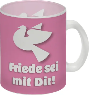 Produktbild von Friedenstaube Glas Tasse mit Spruch Friede sei mit Dir in Rosa-weiß