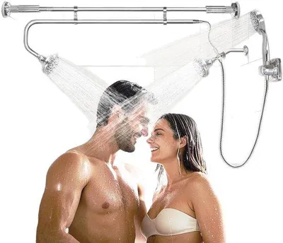 Produktbild von Doppelkopf-Dusche für Paare, Hochdruck-Duschkop-Kombination, in der Höhe einstellbare Duschrinne mit Haken, Chrom