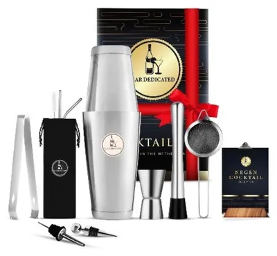 Cocktailset Boston Shaker mit Jigger, Rezeptbuch, Silber