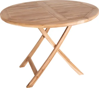 A round, wooden garden table with a folding base, shown against a white background.