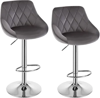 Two dark gray bar stools with diamond-stitched upholstery and chrome bases are shown against a white background.