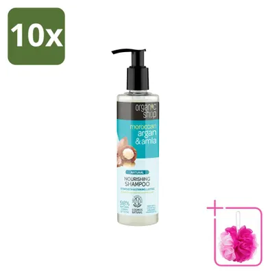 Imagen del producto de 10 champús naturales nutritivos de Organic Shop, con aceite de argán y amla, 280 ml cada uno. Pack de 10 unidades