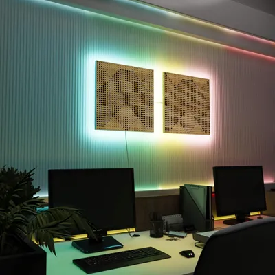 Obrázek produktu pro Sada 2 ks LED akustických nástěnných panelů s RGB podsvícením pro Echo Control | Zvukově izolační panely s podsvícením | 2x WILDS – samostatně | dub