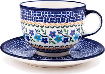 Produktbild von Original Bunzlauer Keramik große 500 ml Milchkaffeetasse Ø12 cm mit Unterschale Ø19,5 cm im Design 1154a