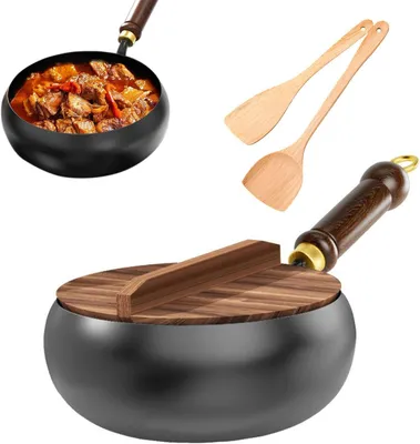 Image de Casserole de 28 cm, en fonte, avec couvercle en bois et spatule, compatible avec les plaques à induction
