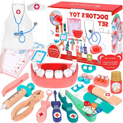 Produktbild von Arztkoffer aus Holz - Zahnarztset für Kinder - Rollenspielzeug – 38-teiliges Set – 20 x 15 x 6 cm – Holzfarbe