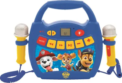 A blue portable karaoke digital player with two microphones, featuring characters from Paw Patrol.