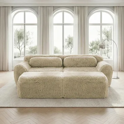 Produktbild von MODFU Zweisitzer Ecksofa,Modulares Sofa mit Geschwungene und 2 Ottoman,U-förmiges Relaxsofa mit Rutschfester Boden & Kissen,Plüschstoff,Hellkhaki