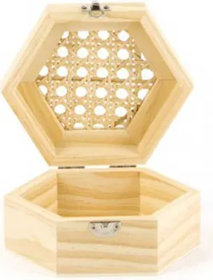An open hexagonal wooden box with a rattan lid insert.