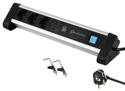 Image de Electraline 62556 : Barre de prises multiples 3 prises, en aluminium, pour bureau, avec 2 ports USB 65