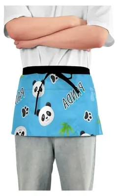 Produktbild von Niedliche Panda Taillenschürze in Blau für Männer und Frauen, kurze Kellnerschürze mit 3 Taschen