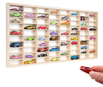 Obrázok produktu pre Creative Deco Drevený organizér Polička na zbierku miniatúrnych autíčok | 80 nastaviteľných priehradiek | 78,5 x 40 x 4,5 cm (+/-1 cm) | na stôl, stenu | Vitrína na zbierku