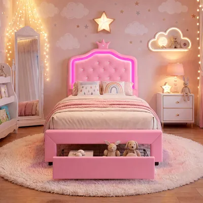 Produktbild von Kinderbett 90x200 cm mit LED, PolyurethanPolsterbett mit Kronen-Kopfteil, Schubladen, Lattenrost inklusive, Holzbett für Kinder und Jugendliche