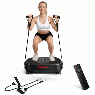 Obrázok produktu pre FunLife V6 vibračná doska – 120 úrovní intenzity, 5 programov, s odporovými gumami a Bluetooth, tichá fitness doska na domáce použitie, vhodná pre osoby do 120 kg