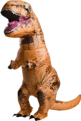 Produktbild von Rubies Original Jurassic World Lizenz aufblasbares T-Rex Kostüm für Erwachsene, braun, Einheitsgröße, 100% Polyester, 3-teilig mit Overall, Ventilator, Handschuhen und Netz-Sichtfeld