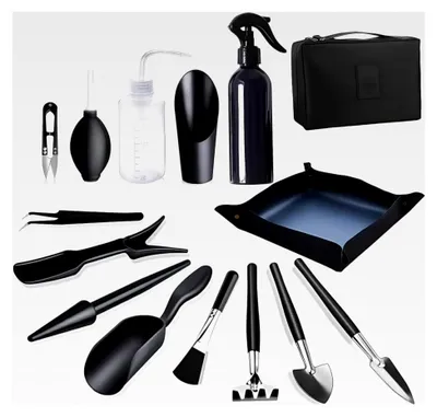 Produktbild von Bonsai Werkzeug Set 15 Teile mit wasserdichter Umtopfmatte und Aufbewahrungstasche, Mini Gartengeräte für Gartenarbeit, Umtopfen, Sukkulenten und Pflanzenpflege (Schwarz)