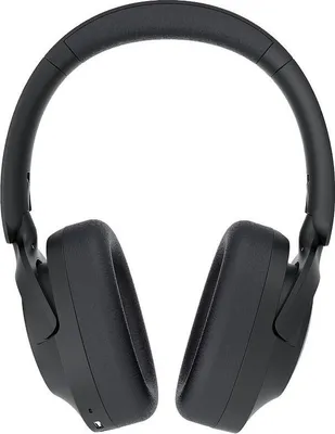 A pair of black over-ear headphones shown from the front.