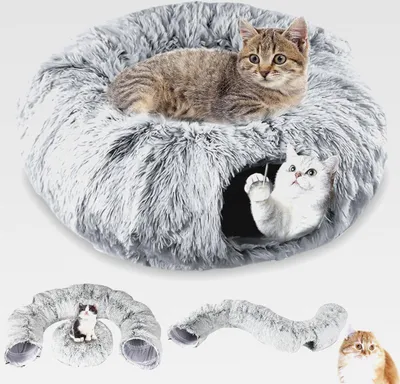 Produktbild von Katzentunnel, XXL Katzentunnel Große Katzen mit Schlafplatz & Bed Weiches, mit Zwei Eingängen Katzenhöhle & Hängende Bälle, Katzen Donut Cat Tunnel für Katze, Grau