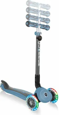 A three-wheeled scooter with adjustable handlebars and light-up wheels.