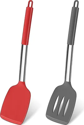 Produktbild von Pfannenwender,  2 Stück Silikon Küchenhelfer Spatel Set, Pfannenwender Set mit Griff aus Edelstahl, Hitzebeständig Küchenutensilien Set für Kochen & Wenden, Spülmaschinenfest - Grau & Rot