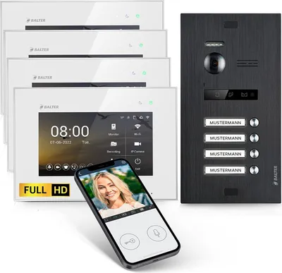 Produktbild von HD Video Türsprechanlage mit Smartphone App für 4 Familienhaus, 4x Monitor, Balter EVO HD WLAN Schwarz
