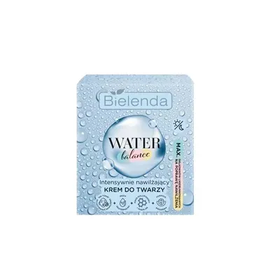 A single sachet of Bielenda Water Balance Intensive Face Cream, presented against a light blue background with water droplets.