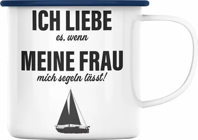 Produktbild von Trendation - Segeln Geschenk Emaille Tasse Segler Geschenkidee Segelmboot Kapitän Emaille Emaille Tasse Kaffeebecher (Blau)