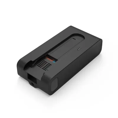 A black vacuum cleaner battery pack on a white background.