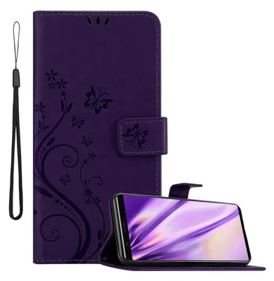 A purple phone case with a floral and butterfly design is shown, with a smartphone inserted into it.