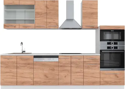 Produktbild von Küchenzeile Vicco Fame-Line Goldkraft Eiche/Weiß 300 cm mit Hochschrank, AP Marmor, Model 42216