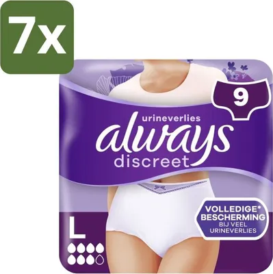 Obrázok produktu pre Always – Nohavičky na inkontinenciu – Pre ženy s inkontinenciou moču, veľkosť L – 9 nohavičiek – Výhodné balenie – 7 kusov