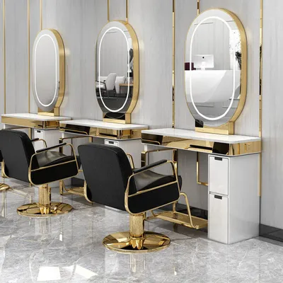 Produktbild von 360Home Frisiertisch mit LED Spiegel Stylingstation Bedienplatz Friseursalon Schrank mit Schubladen Frisierplatz mit Edelstahlrahmen Gold A-1-Sitzer