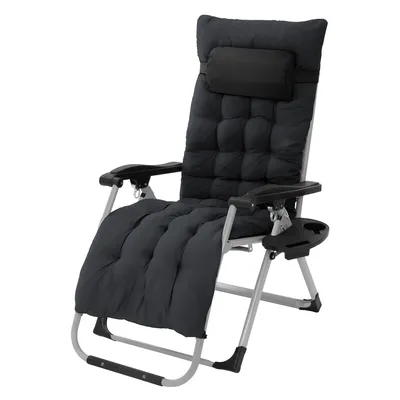 A black reclining chair with a padded cushion and headrest is shown against a white background.