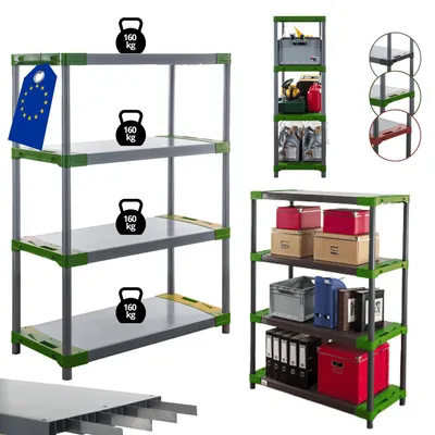 Produktbild von MODO24 Kunststoffregal, 4 Ablagen, 160kg/Boden, Schwerlast, Steckregal, Lagerregal, Plastikregal, Werkstatt, 138x120x46?cm, Grün, TYTAN
