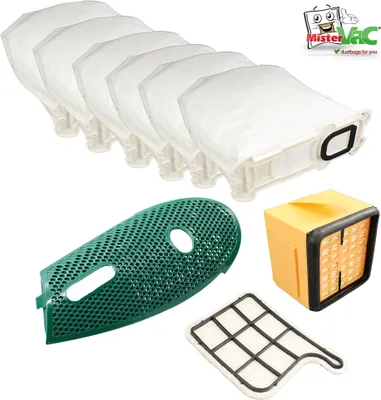 A collection of vacuum cleaner replacement parts, including dust bags, a filter cover, and a motor filter, arranged on a white background.