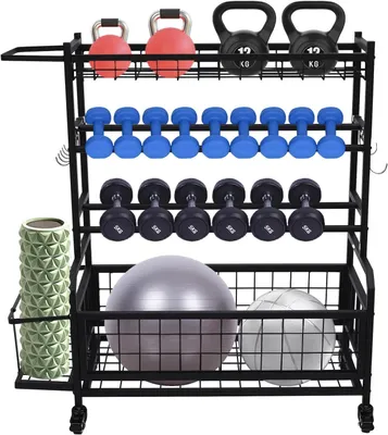 Obrázek produktu pro Stojan na činky, stojan na sportovní vybavení, multifunkční stojan na činky s kolečky a háčky