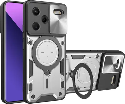 Produktbild von Handyhülle für Xiaomi Redmi Note 13 Pro+ 5G Dual-Layer Stoßfest Rüstung Hülle mit Dia Kameraschutz und Kreisförmig Ring Ständer Silber